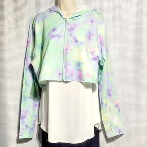 Wavvy Tie Dye Hooded Crop Sweatshirt / Thumb Sleeves (XL)